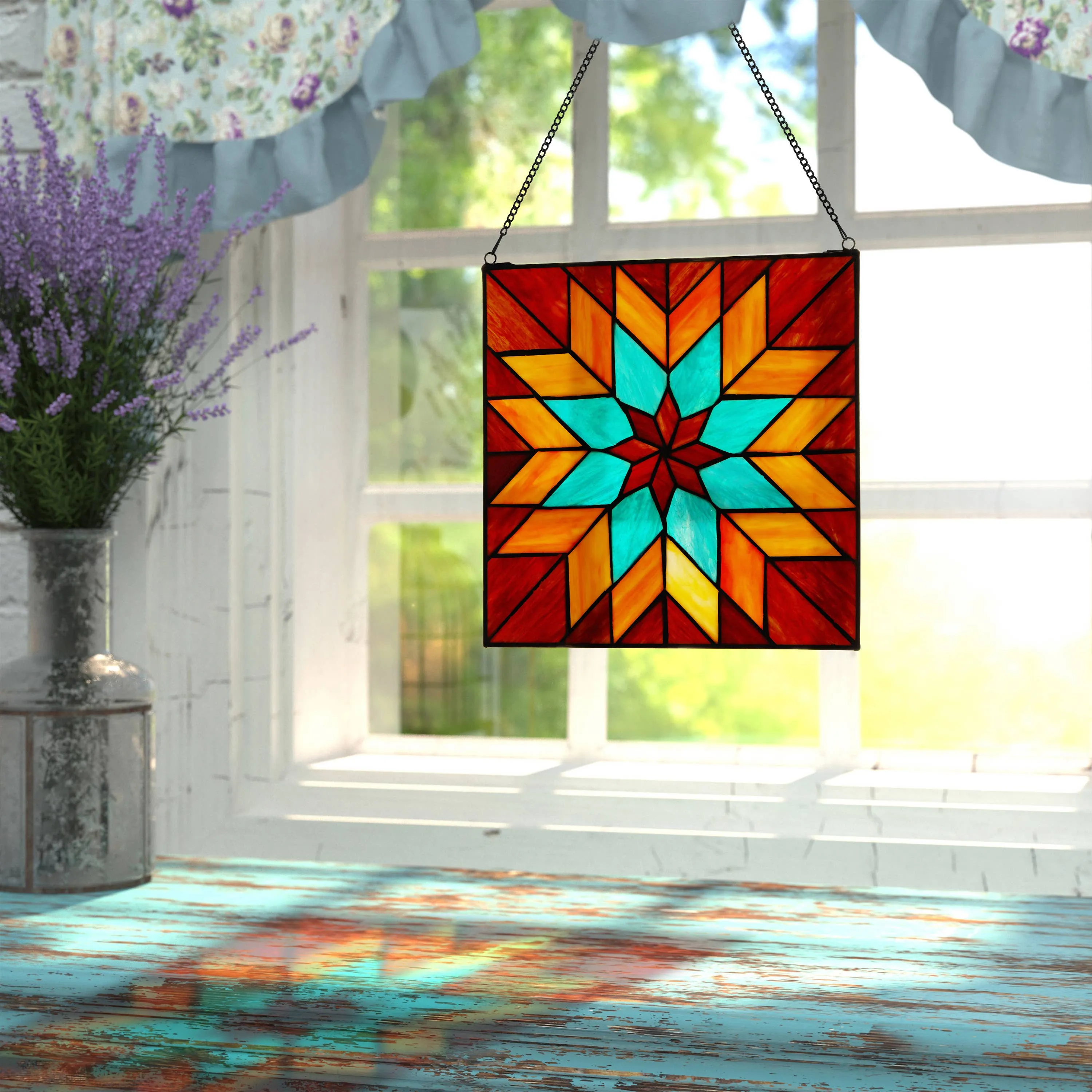 12"Red & Teal Quilt Square Stained Glass Window Panel