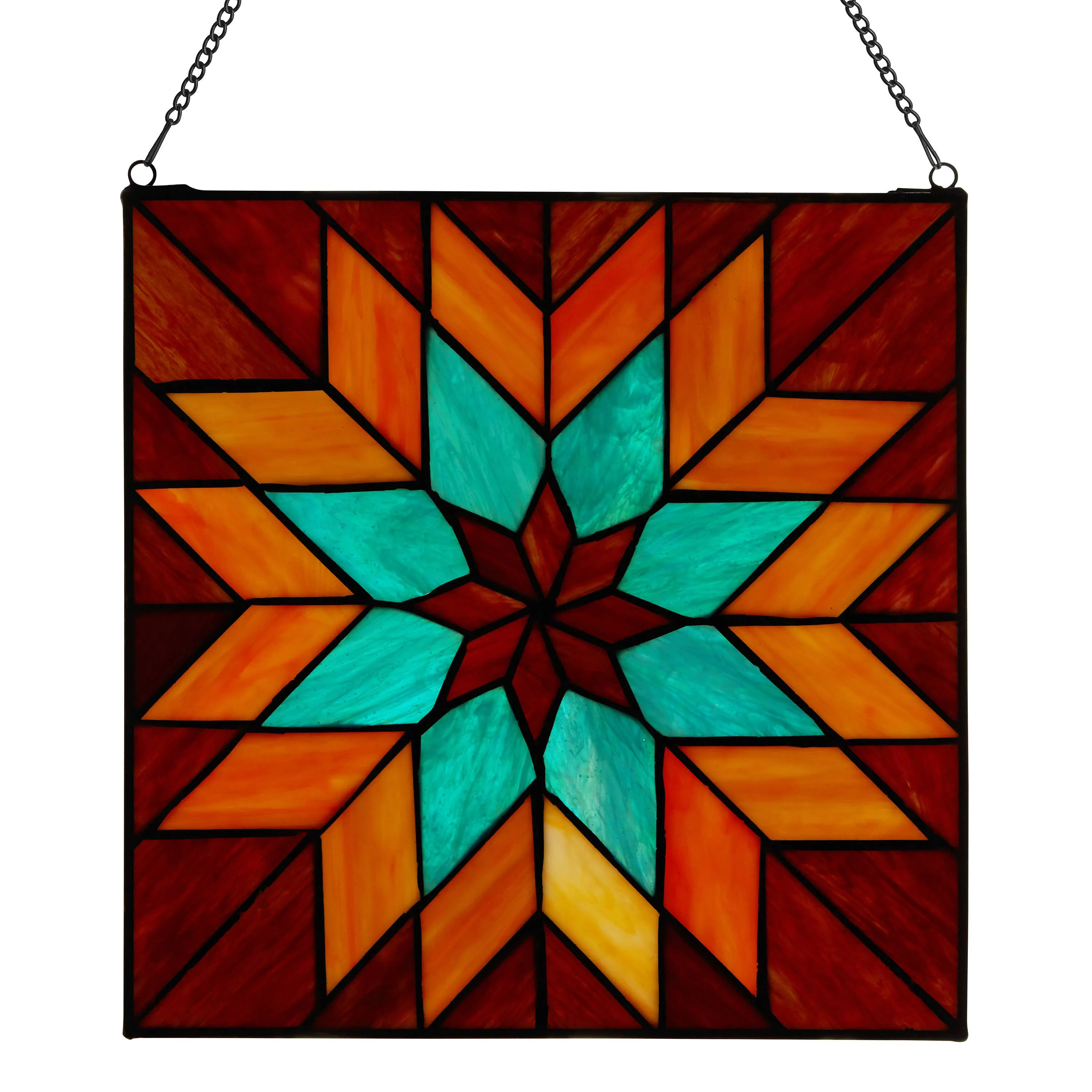 12"Red & Teal Quilt Square Stained Glass Window Panel