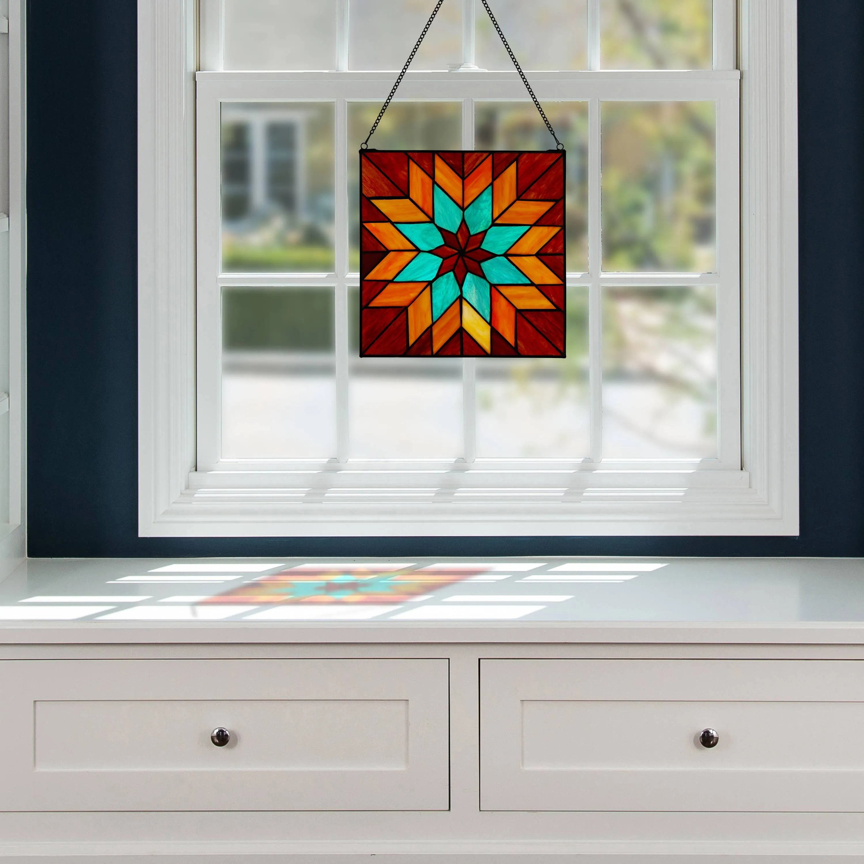 12"Red & Teal Quilt Square Stained Glass Window Panel
