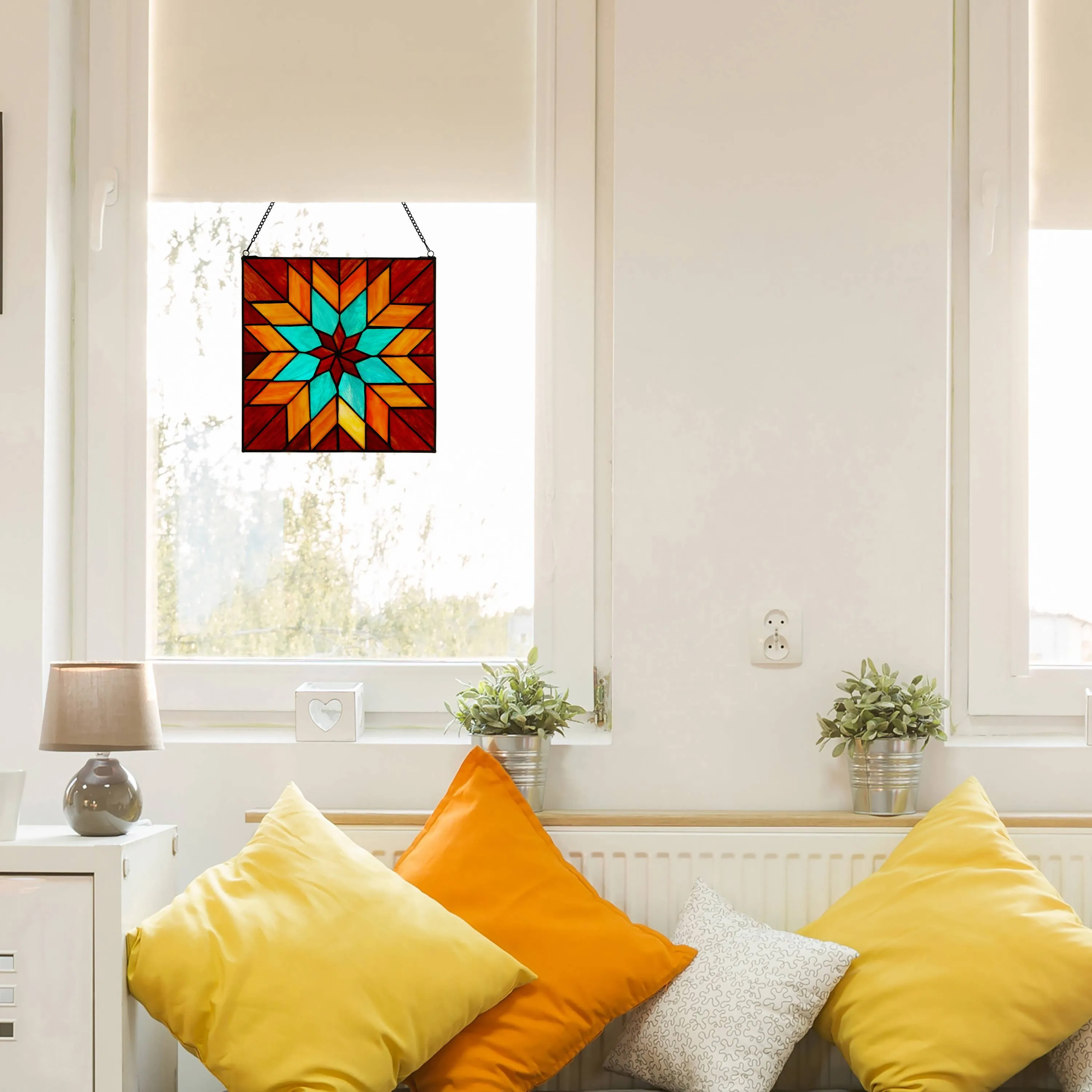 12"Red & Teal Quilt Square Stained Glass Window Panel