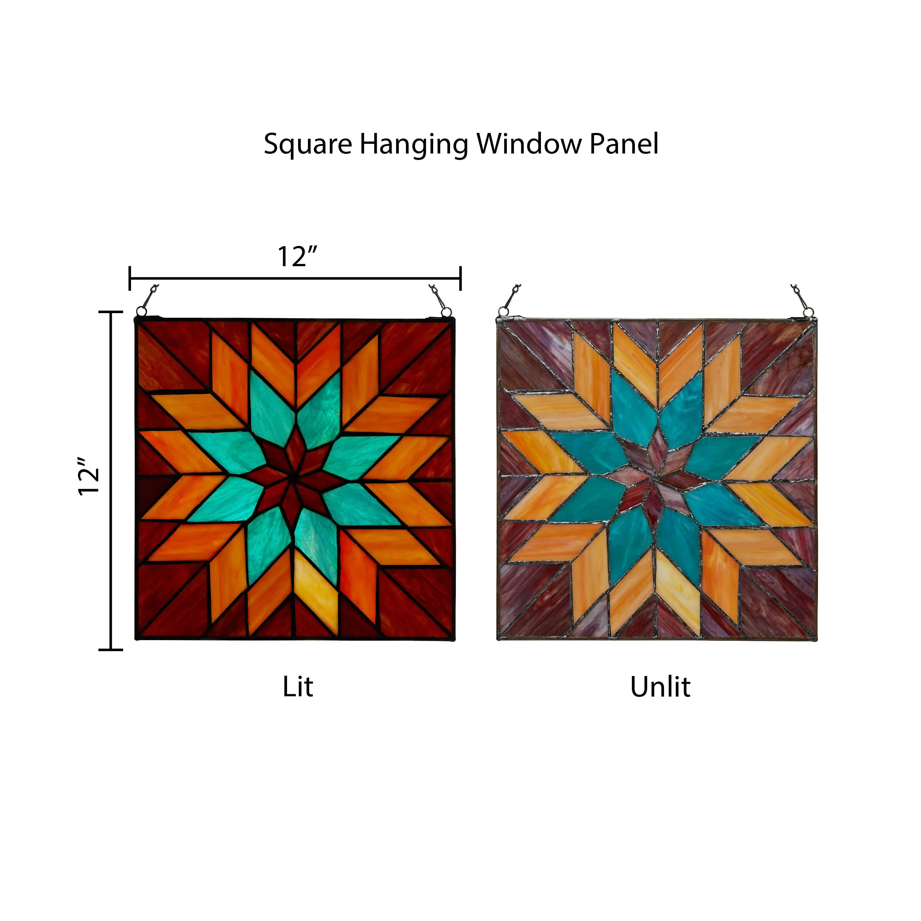 12"Red & Teal Quilt Square Stained Glass Window Panel