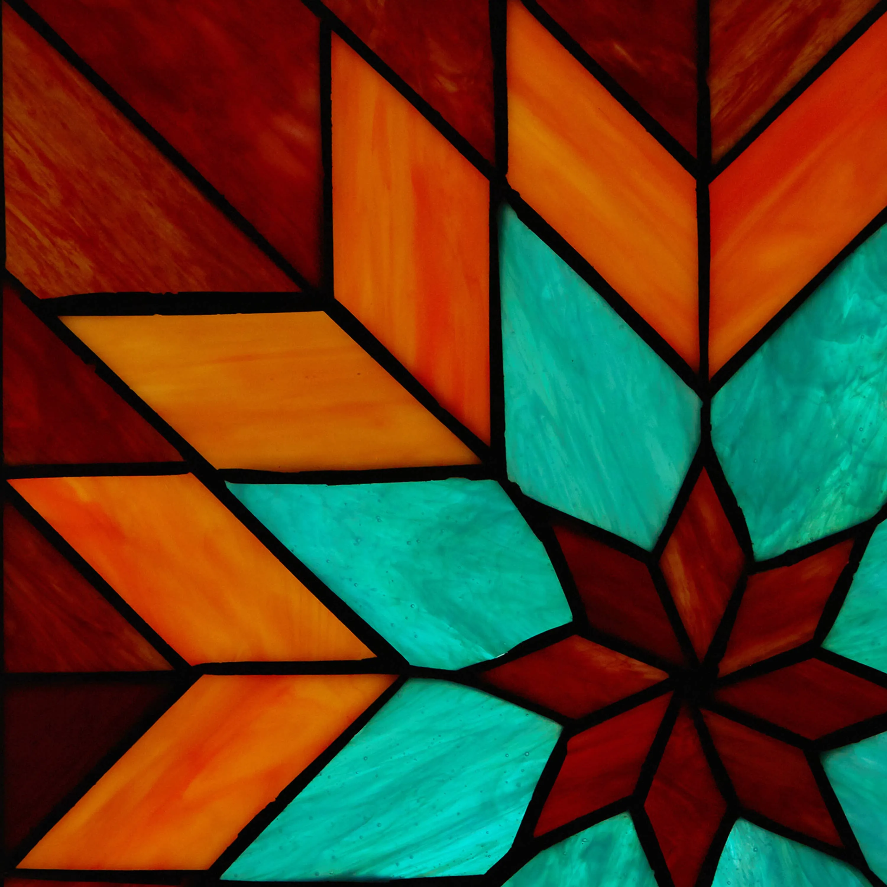 12"Red & Teal Quilt Square Stained Glass Window Panel