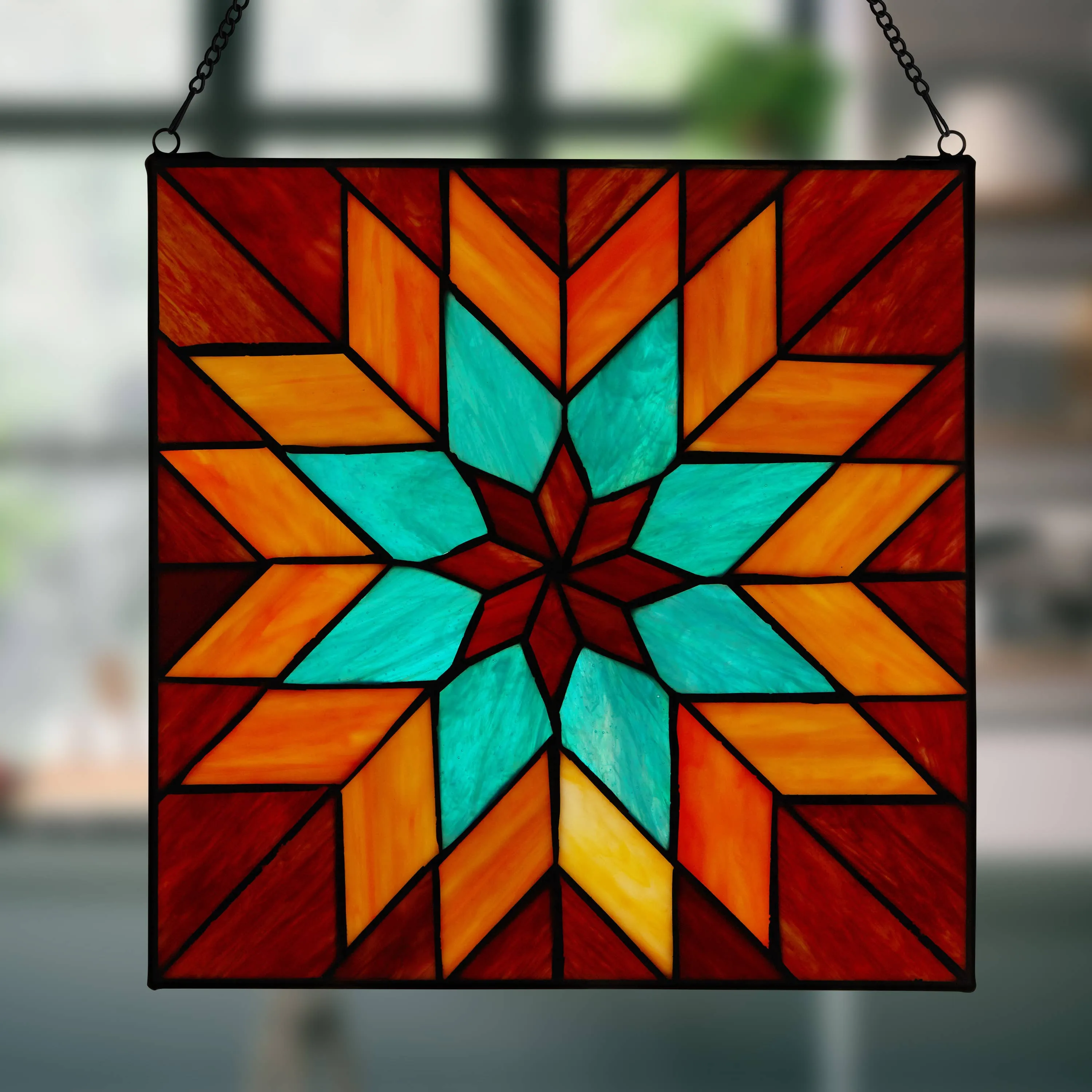 12"Red & Teal Quilt Square Stained Glass Window Panel