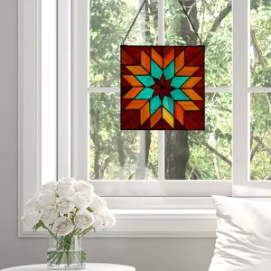 12"Red & Teal Quilt Square Stained Glass Window Panel