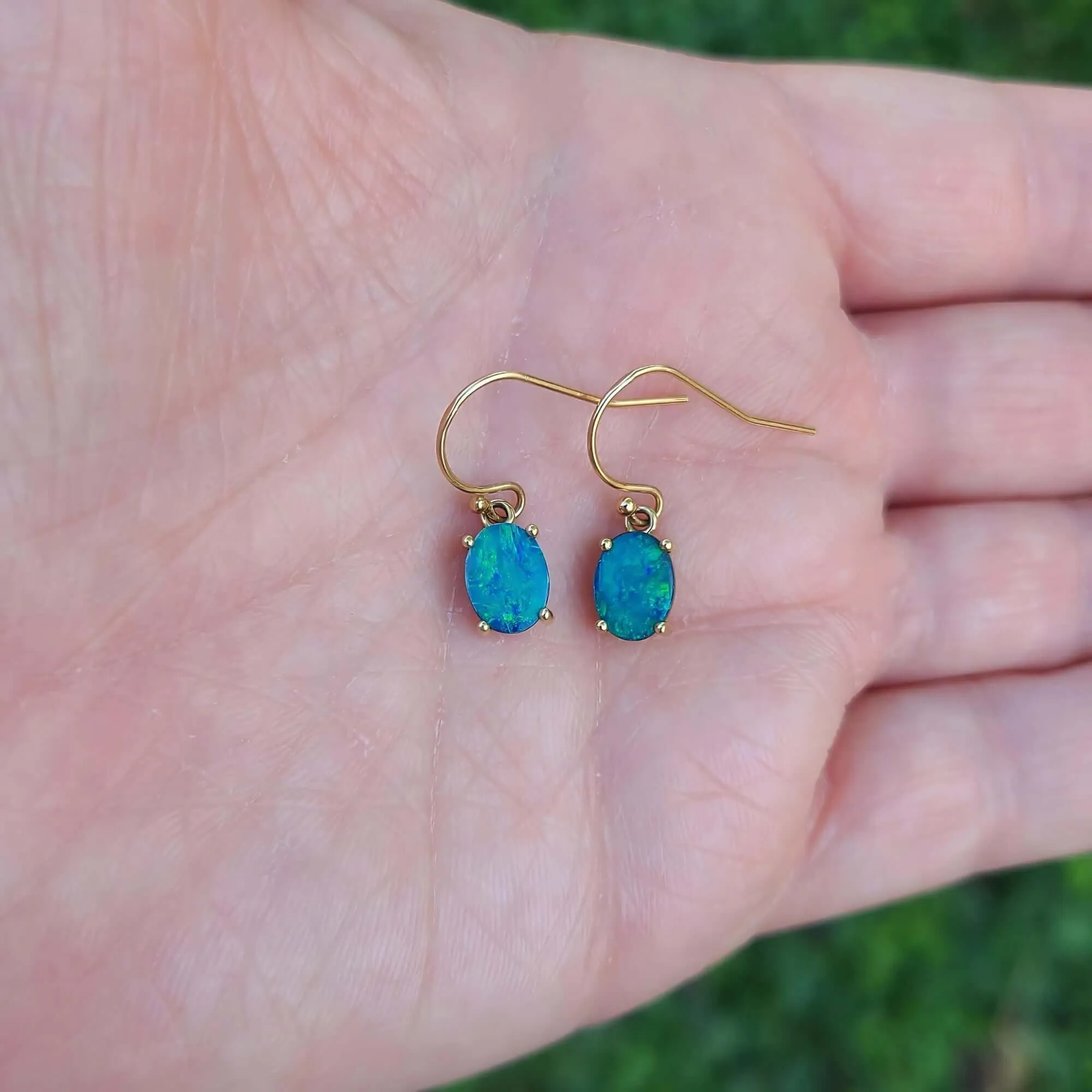 14K Dainty Oval Opal Earrings in Yellow Gold