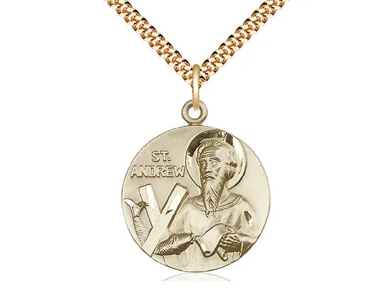 14kt Gold Filled St Andrew Pendant on a 24 inch Gold Plate Heavy Curb Chain.