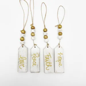 $16.00 min 4 - WHITE WASH WOOD BEAD ORNAMENTS W/SENTIMENT ASSORTED 4..1X3