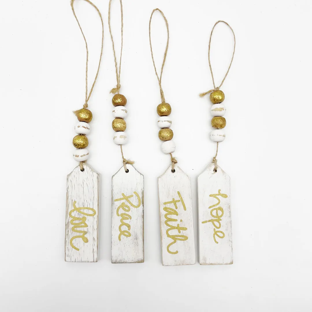 $16.00 min 4 - WHITE WASH WOOD BEAD ORNAMENTS W/SENTIMENT ASSORTED 4..1X3