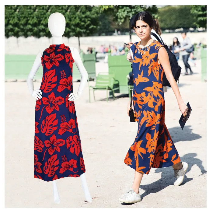 1960s Red & Blue Cotton Hawaiian Maxi Dress