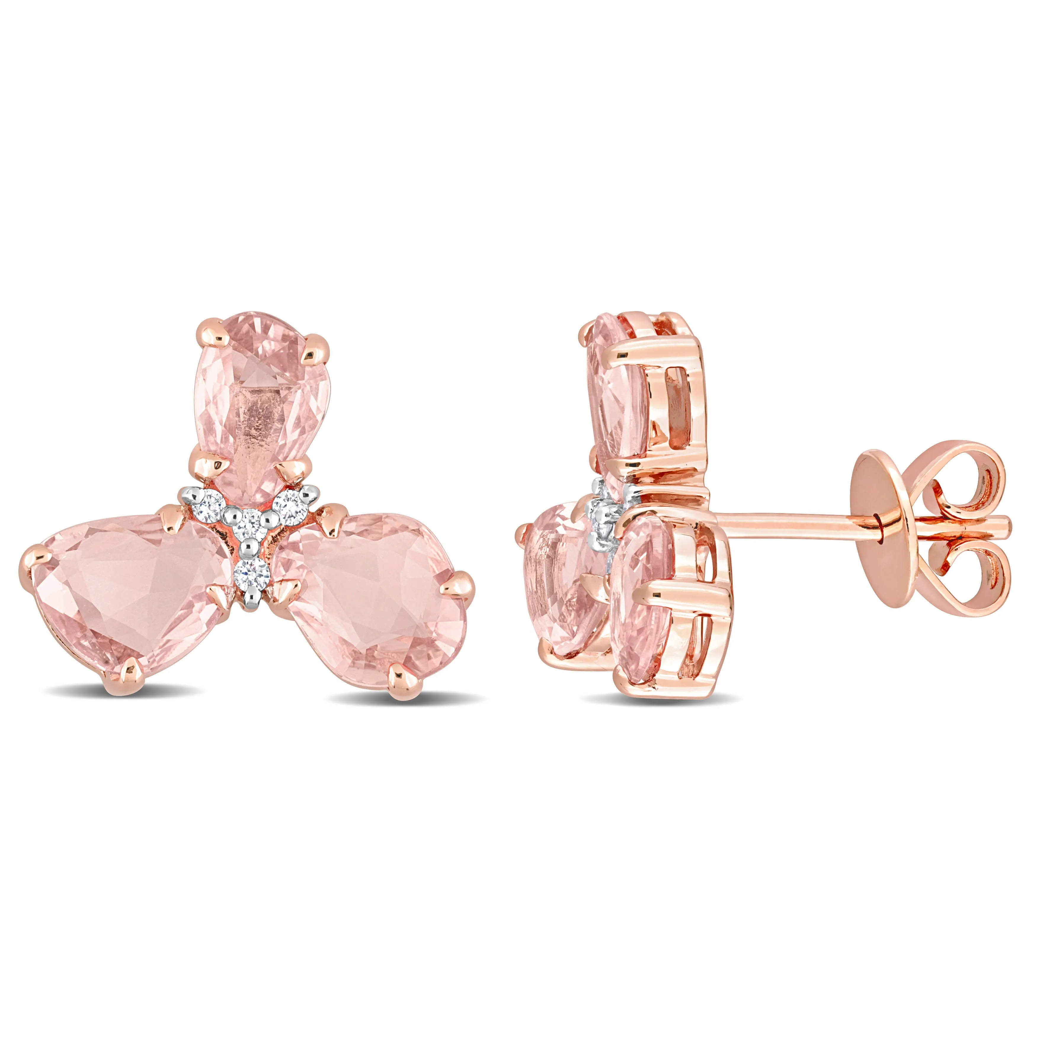 2 2/5 CT TGW PINK SAPPHIRE AND DIAMOND ACCENT 3-STONE STUD EARRINGS IN 14K ROSE GOLD