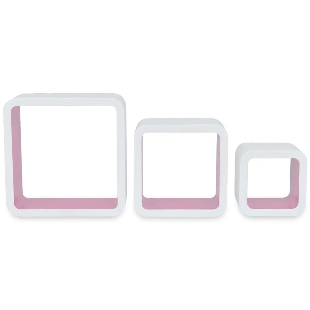 3 White-Pink MDF Floating Wall Display Shelf Cubes Book/DVD Storage