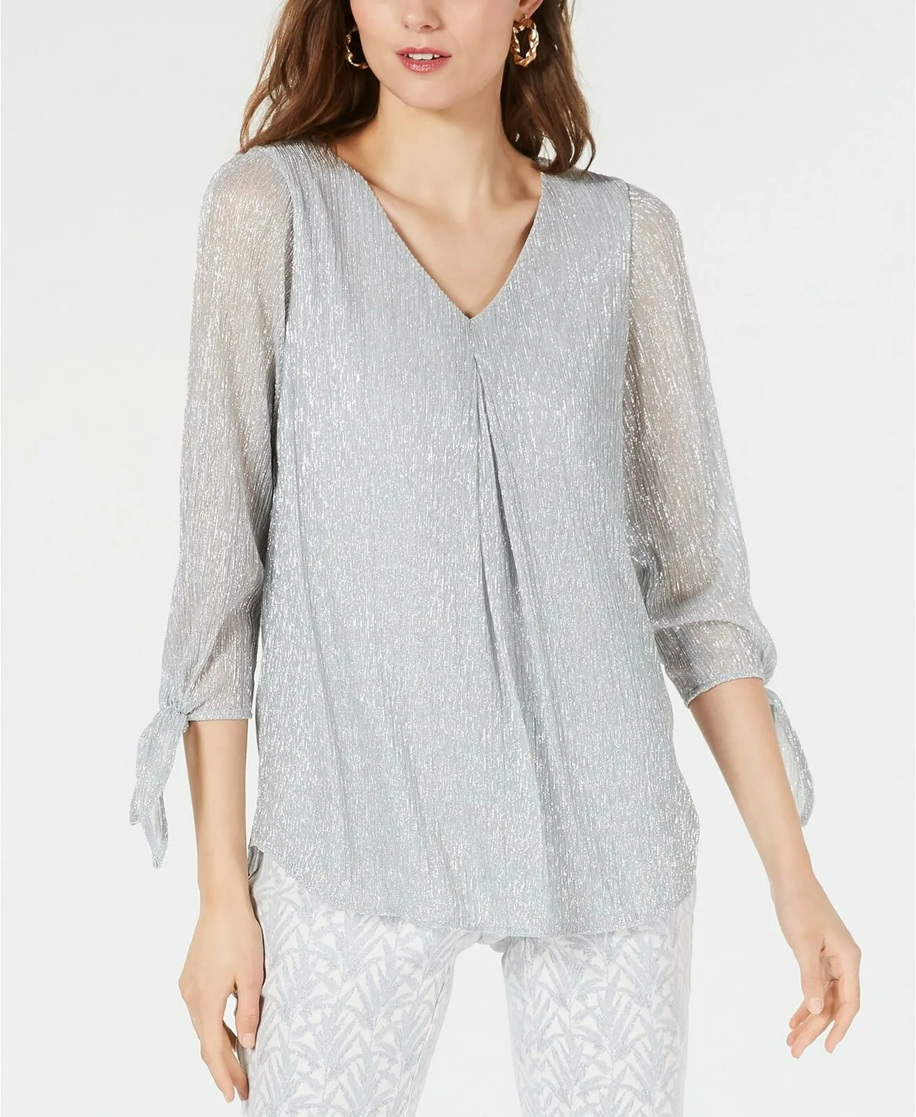 Alfani Women's Petite Tie Sleeve Blouse New City Silver PL