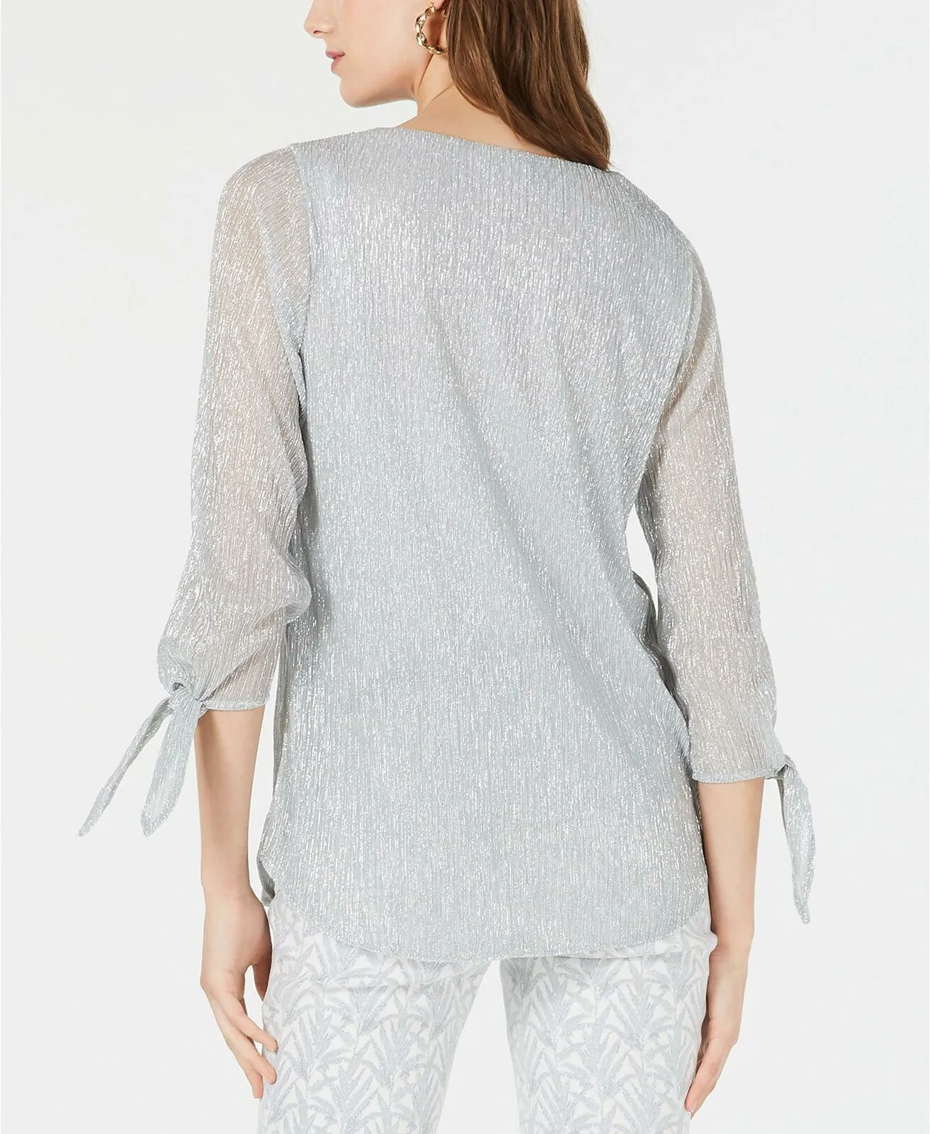 Alfani Women's Petite Tie Sleeve Blouse New City Silver PL