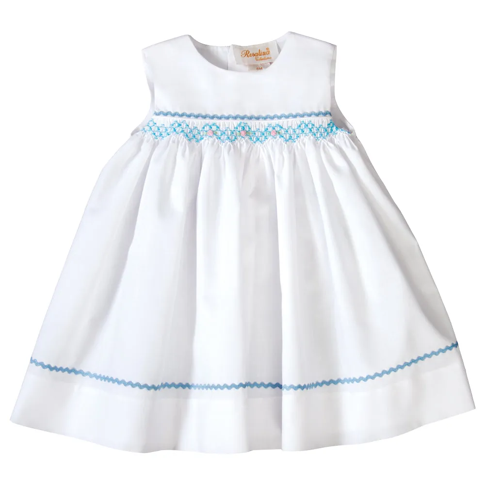 Amelia White Sundress with Blue English Smocking and RicRac