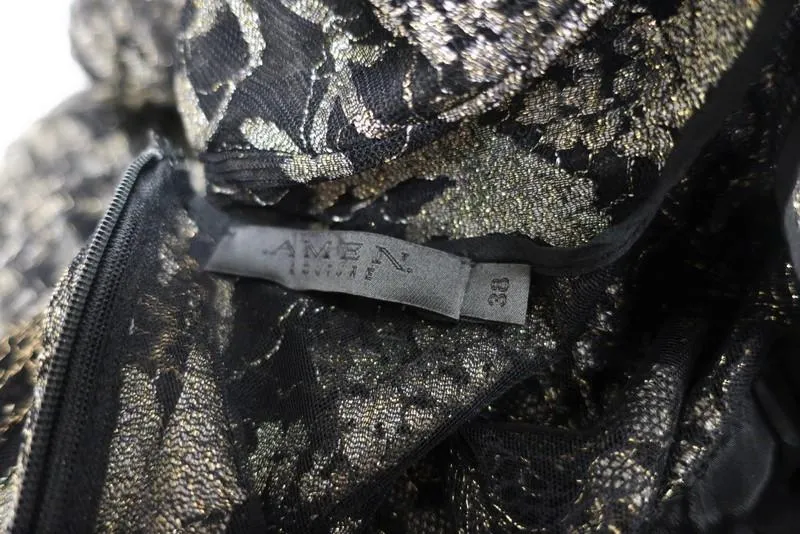 Amen Couture Dress Black/Gold Metallic Lace Size 38 Short Sleeve Party Dress