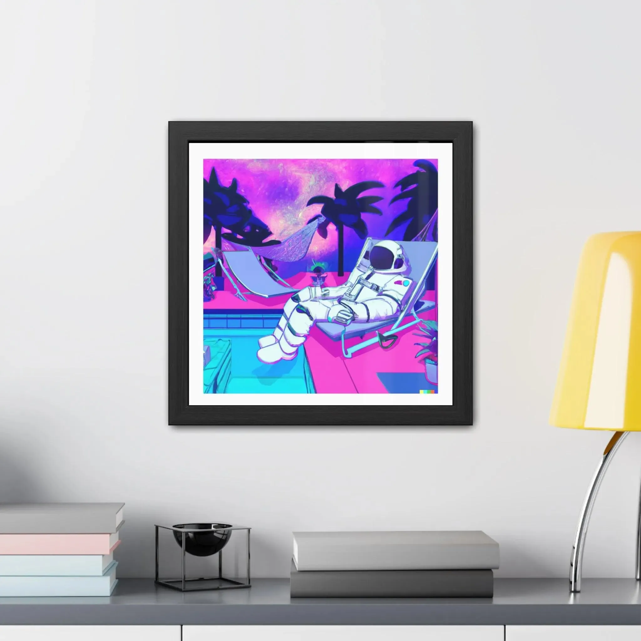 Astronaut Lounging by Pool Framed Poster Wall Art