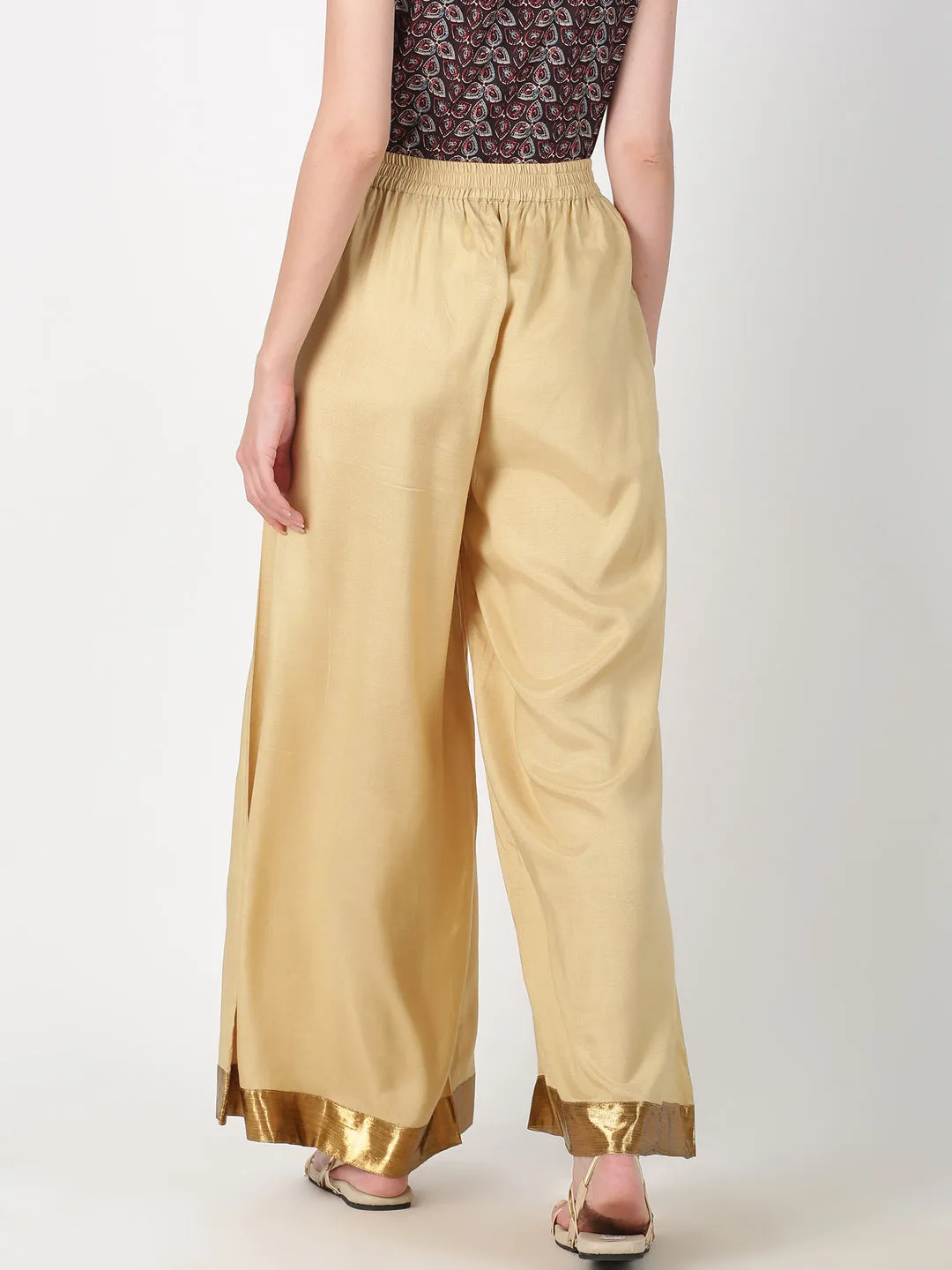Beige Gold-Toned Solid Straight Palazzo