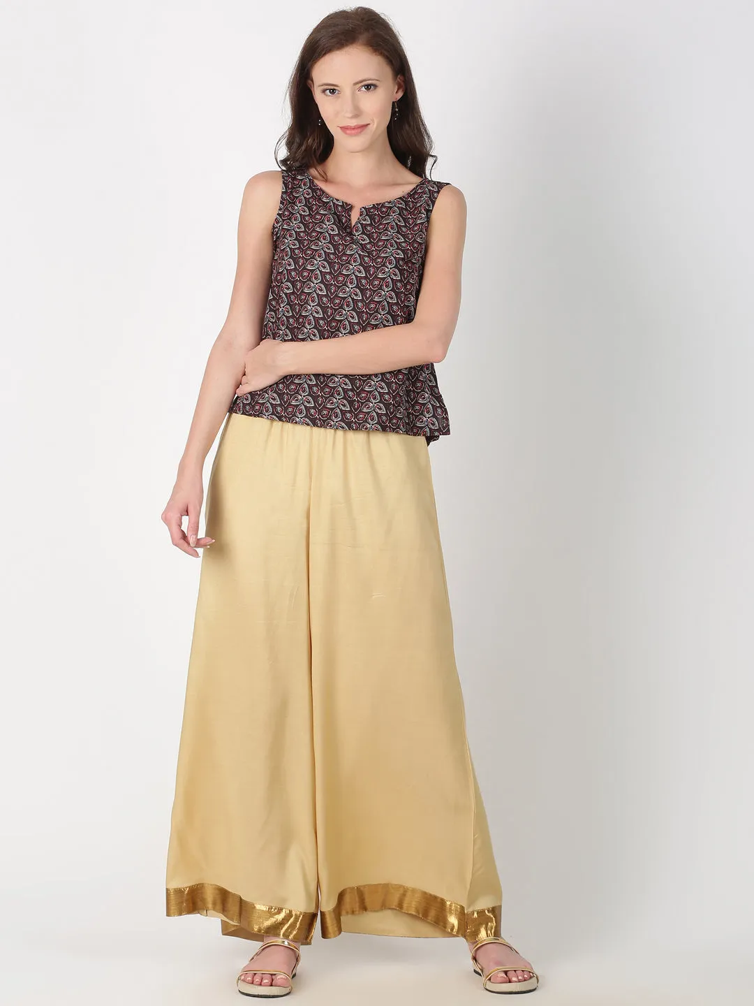 Beige Gold-Toned Solid Straight Palazzo