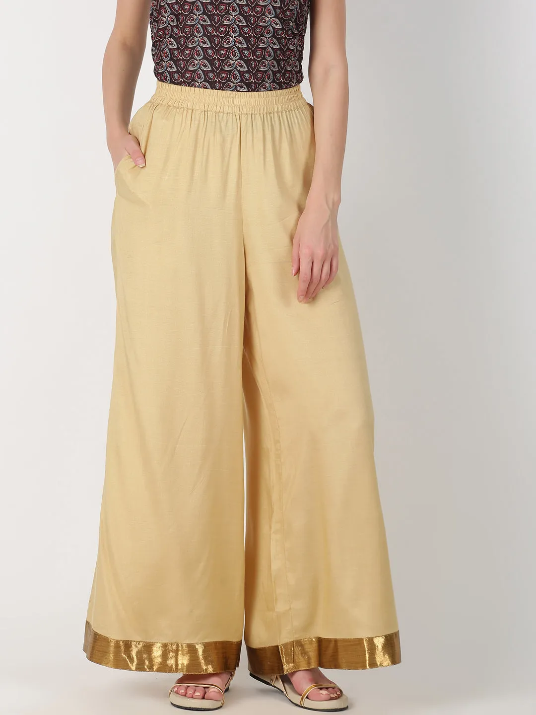 Beige Gold-Toned Solid Straight Palazzo