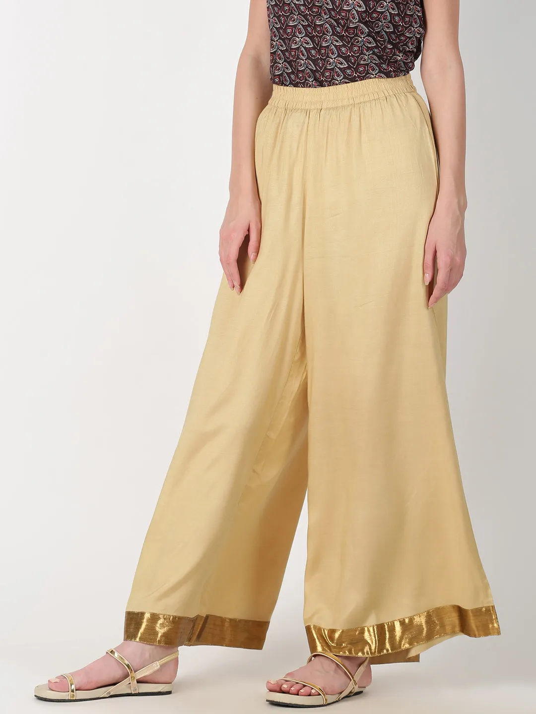 Beige Gold-Toned Solid Straight Palazzo