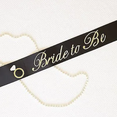 Black and Gold Glitter Bride to Be Bachelorette Sash with Crystal Pin Wedding Party Ribbon