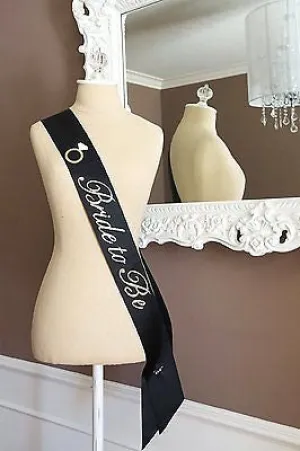 Black and Gold Glitter Bride to Be Bachelorette Sash with Crystal Pin Wedding Party Ribbon