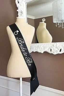 Black and Gold Glitter Bride to Be Bachelorette Sash with Crystal Pin Wedding Party Ribbon