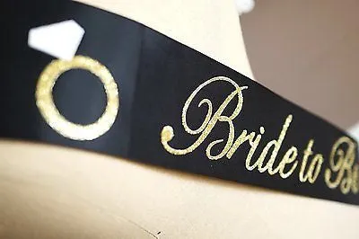 Black and Gold Glitter Bride to Be Bachelorette Sash with Crystal Pin Wedding Party Ribbon