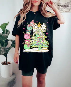 Black Bella Canvas or Comfort Colors Stacked Snowmen Christmas Tree Tee/ Direct To Film Transferred Faux Glitter Tee/ Youth and Adult Sizes