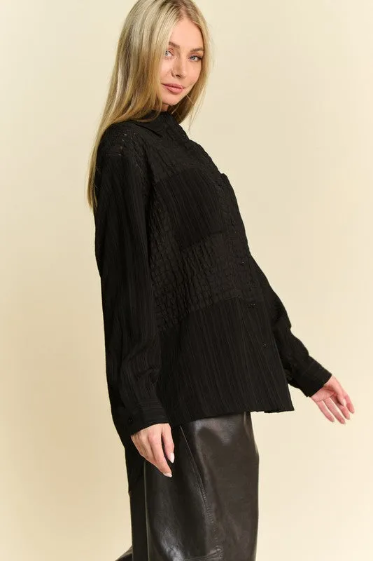 Black Crinkled Jacquard Button Down Shirt