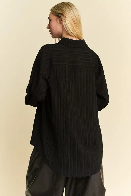 Black Crinkled Jacquard Button Down Shirt