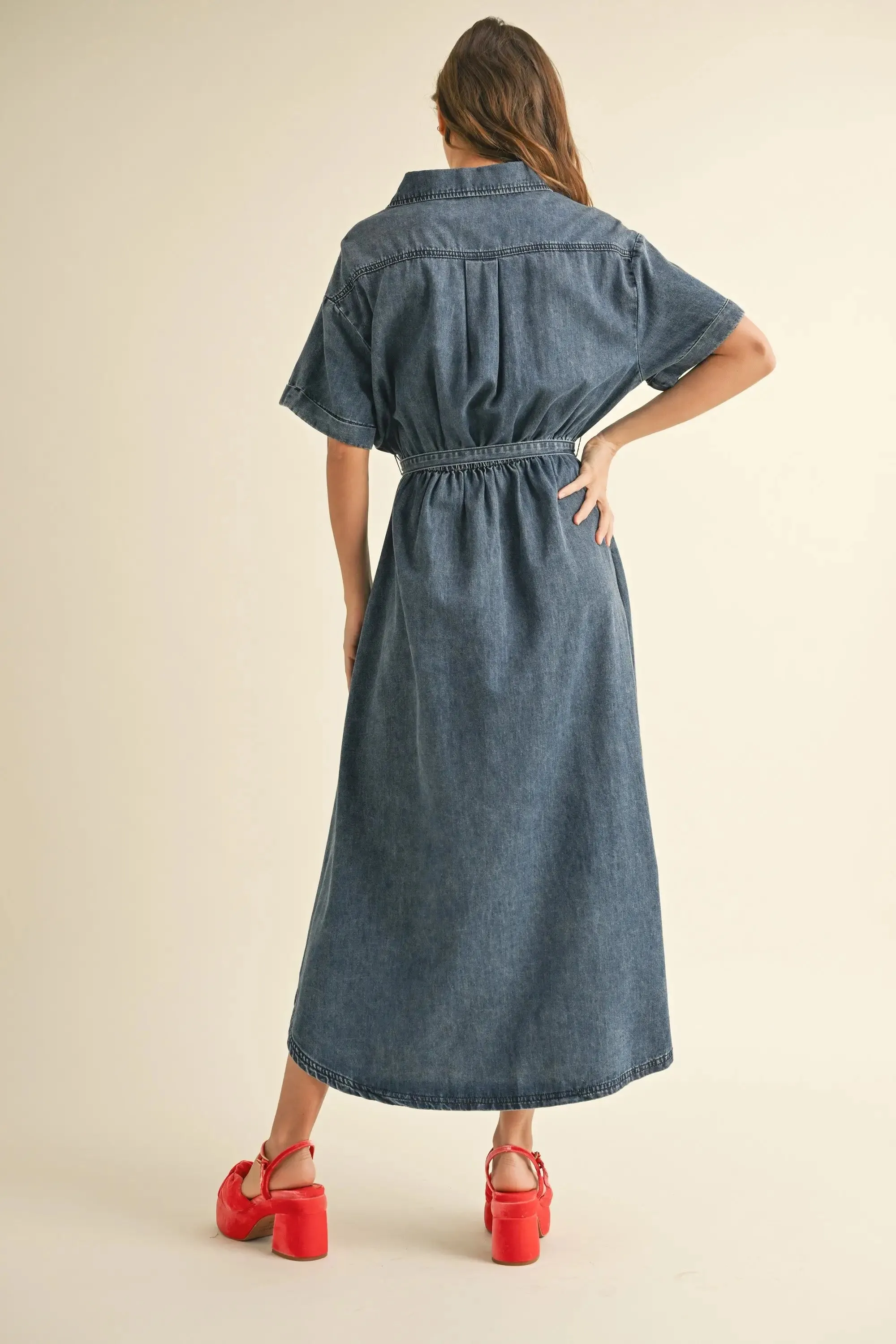 BUTTON DETAIL DEMIN SHIRT DRESS