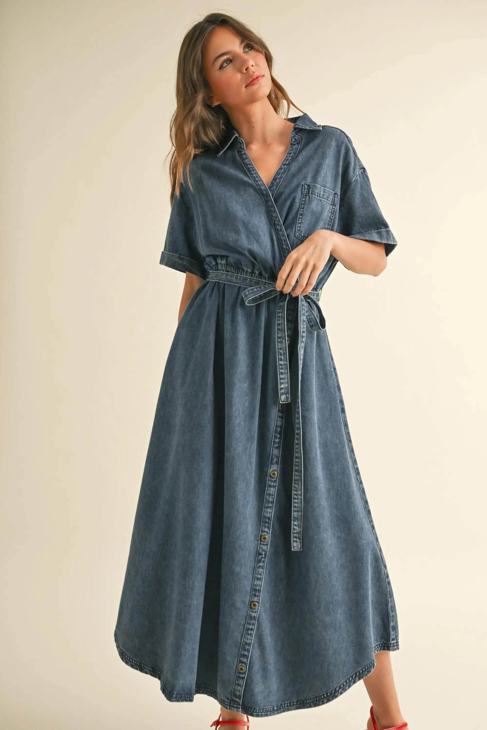 BUTTON DETAIL DEMIN SHIRT DRESS