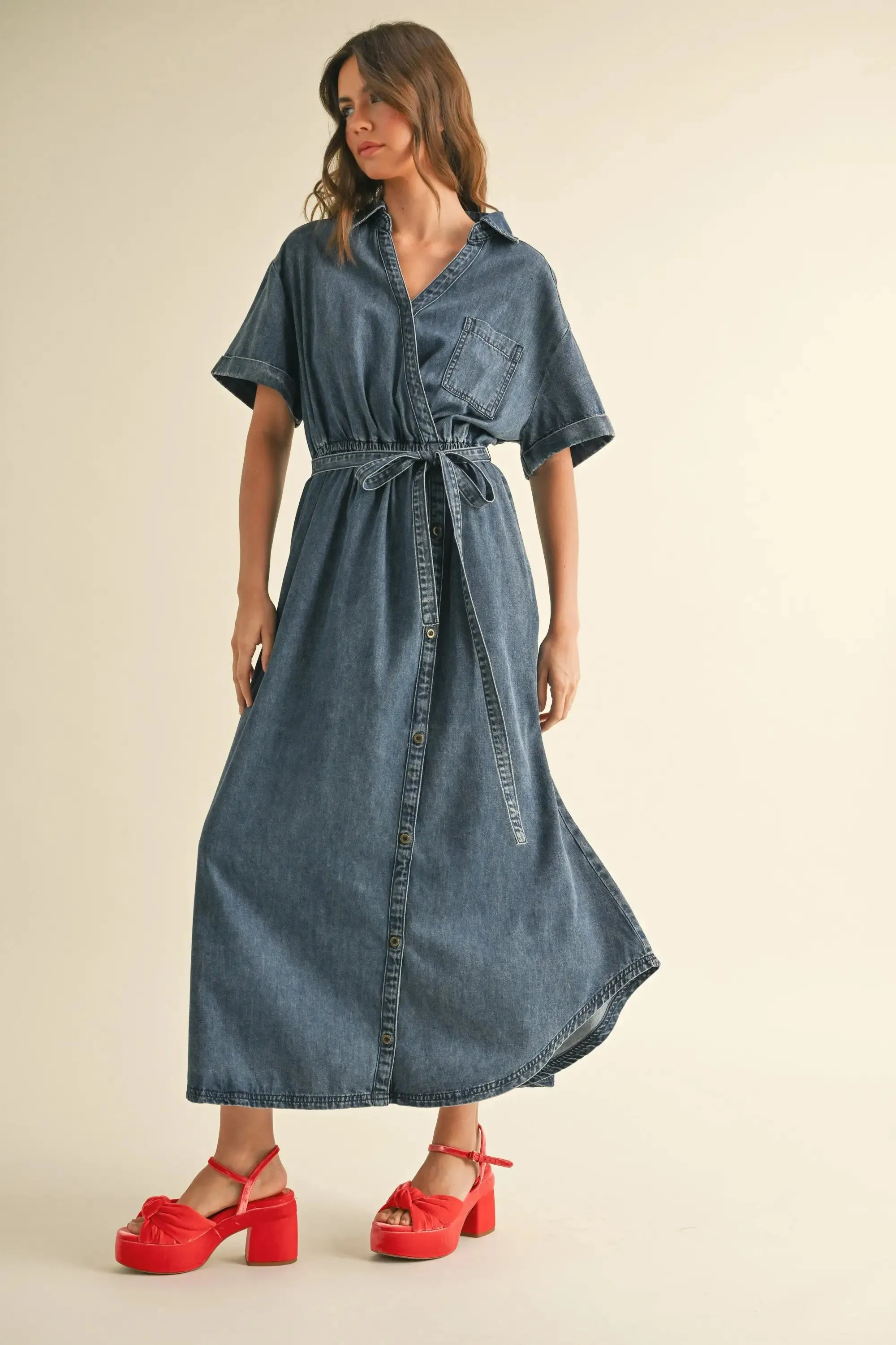 BUTTON DETAIL DEMIN SHIRT DRESS