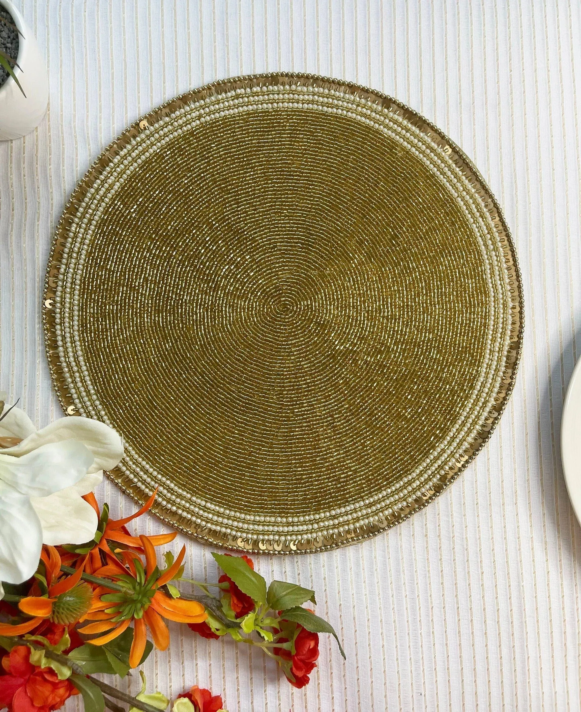 Classic Golden Round Bead and Sequin Placemat - Set of 4