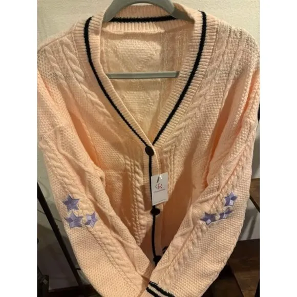 Clousream Womens Peach Cardigan Sweater With Black Trim &amp; Star Arm Details