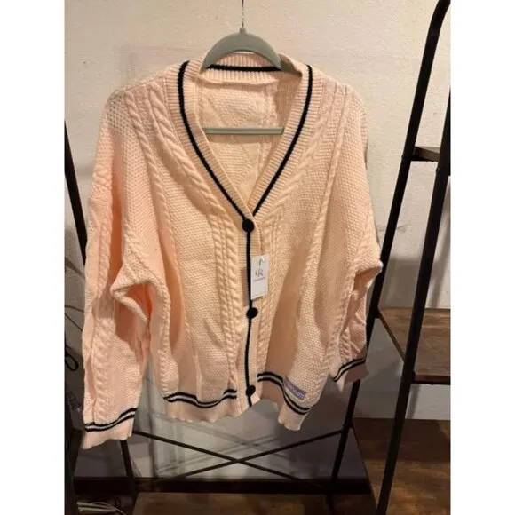 Clousream Womens Peach Cardigan Sweater With Black Trim &amp; Star Arm Details