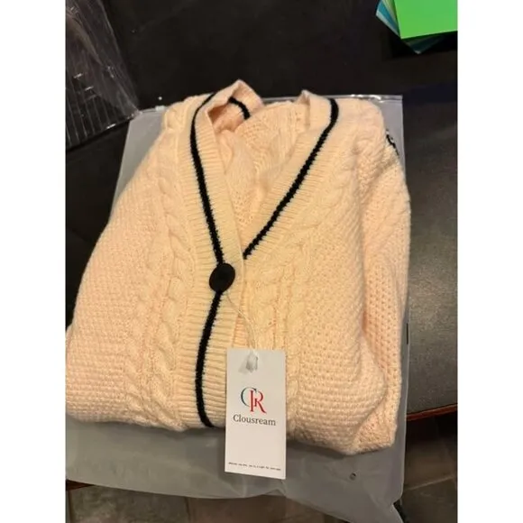 Clousream Womens Peach Cardigan Sweater With Black Trim &amp; Star Arm Details