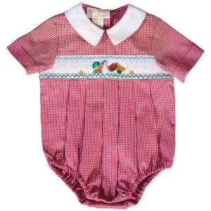 Crane & Truck Red Gingham Smocked Boy Bubble