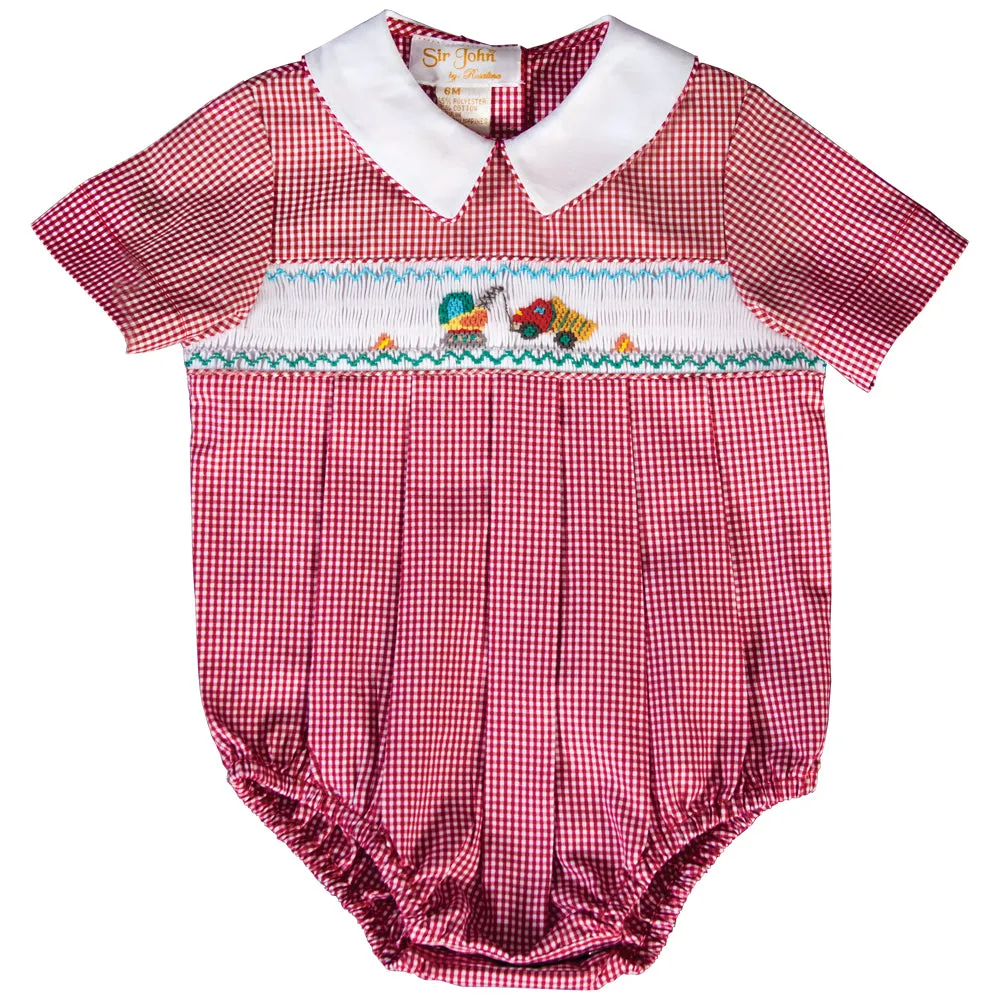 Crane & Truck Red Gingham Smocked Boy Bubble