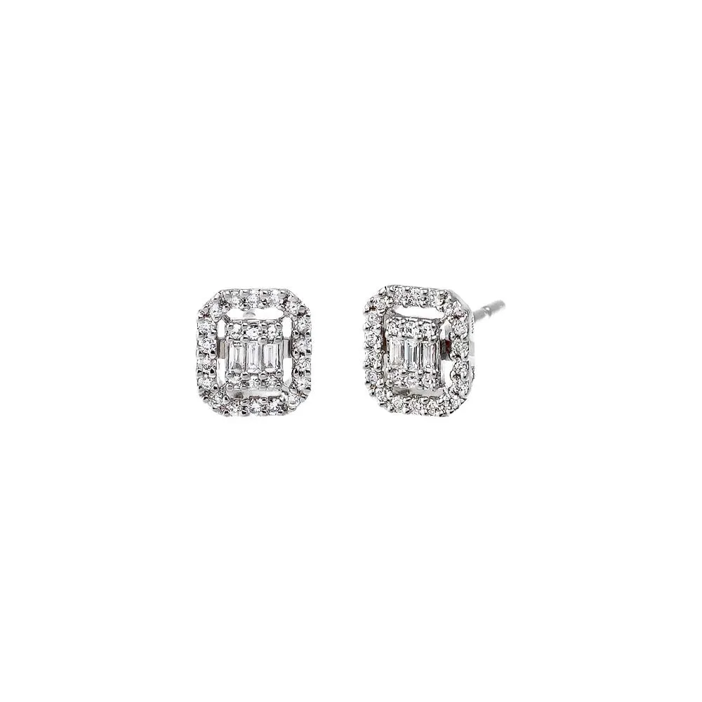 Diamond Pave X Baguette Rectangle Stud Earring 14K