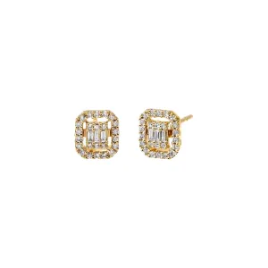 Diamond Pave X Baguette Rectangle Stud Earring 14K