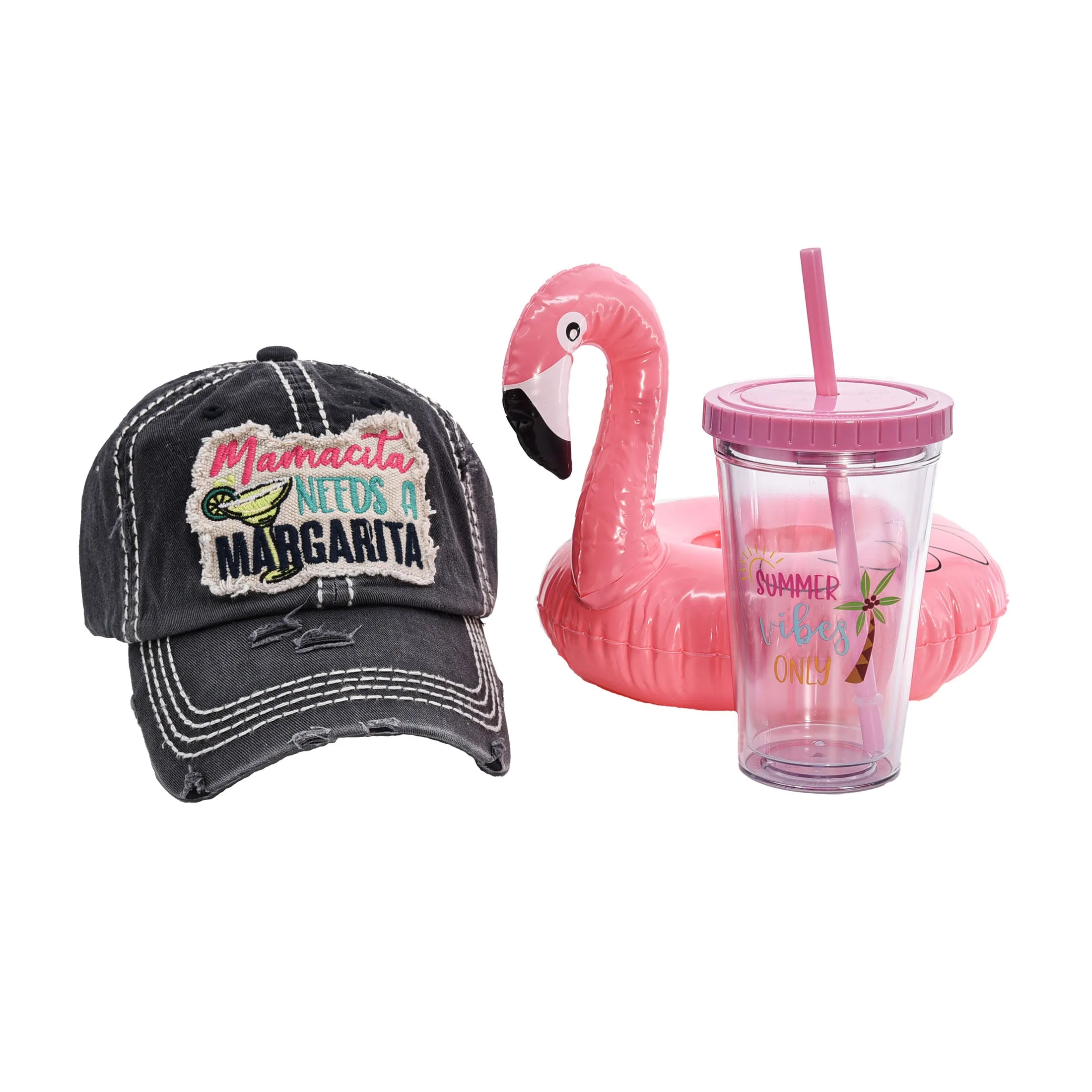 Distressed black "Mamacita Needs a Margarita" Cap with Summer Vibes Only Tumbler and Flamingo Floatie, Giftable, Summer Accessories