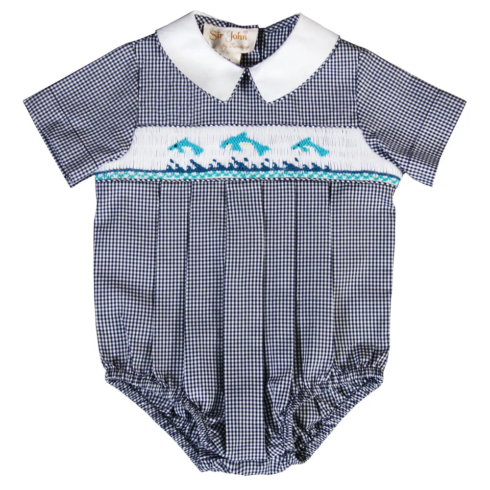 Dolphins Navy Gingham Smocked Boy Bubble