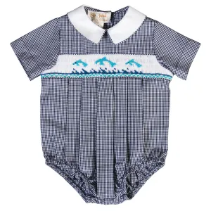 Dolphins Navy Gingham Smocked Boy Bubble