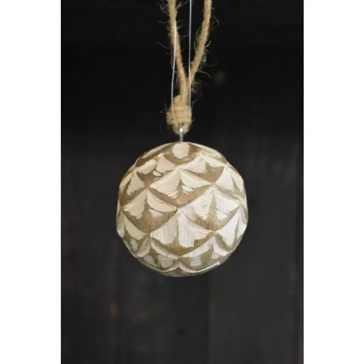 Fan Carved Mangowood Hanging Ball Ornament 2.5in