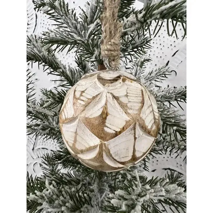 Fan Carved Mangowood Hanging Ball Ornament 2.5in