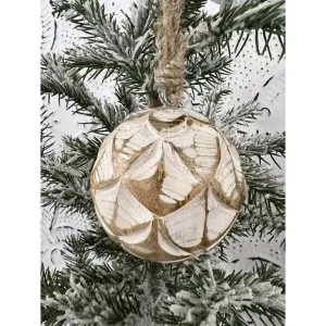 Fan Carved Mangowood Hanging Ball Ornament 2.5in