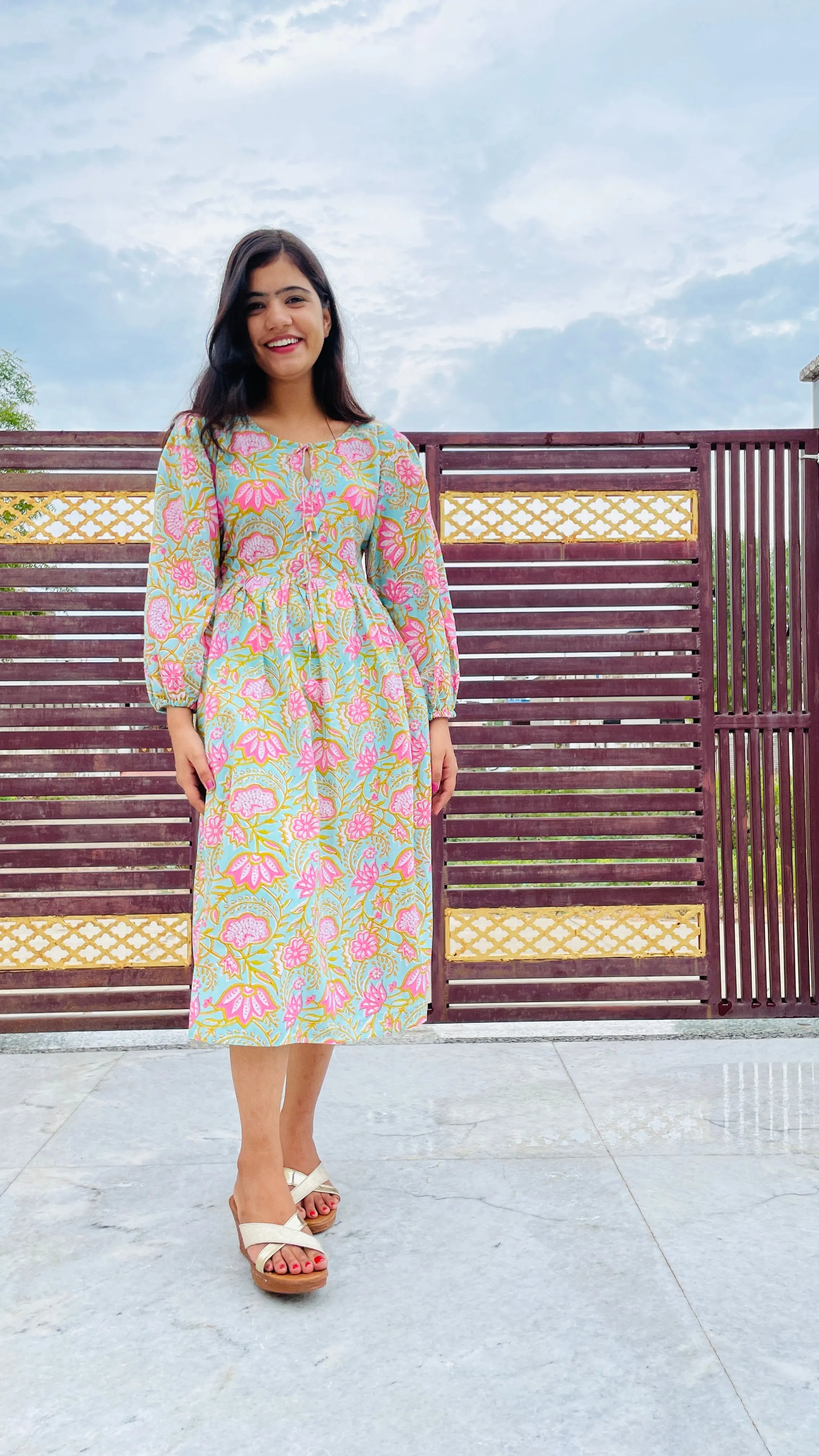 Floral Print Dress, Pink and Sea Green Dress, Full Sleeves, Pure Cotton