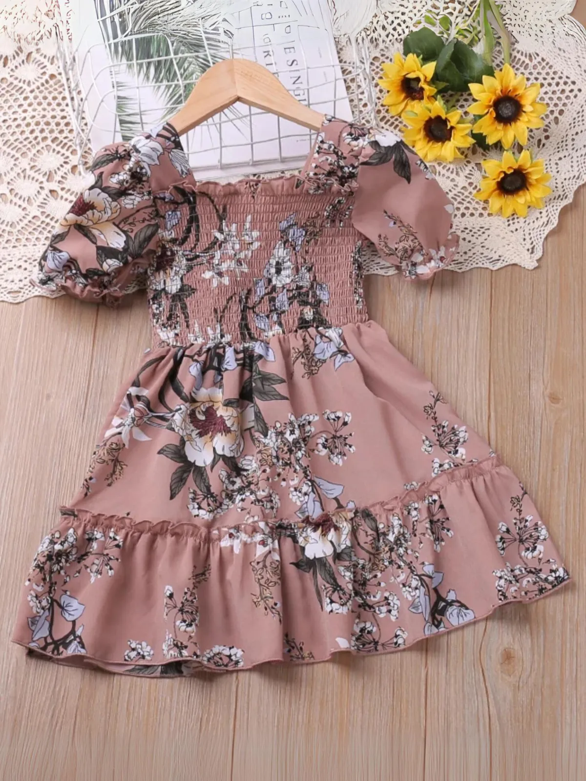 Girls Floral Smocked Puff Sleeve Dress